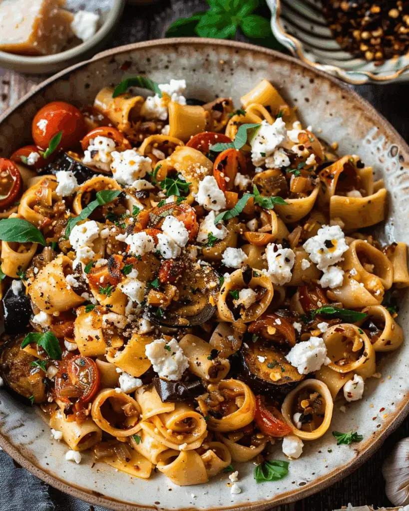 Charred Eggplant Pasta With Tomatoes & Goat Cheese