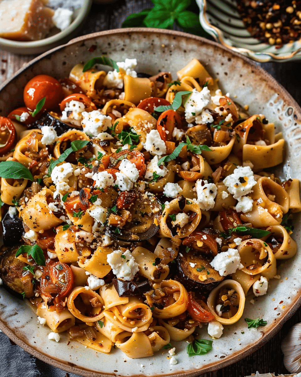 Charred Eggplant Pasta With Tomatoes & Goat Cheese