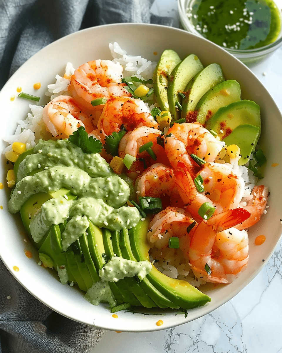 Shrimp Rice Bowl With Avocado Lime Crema