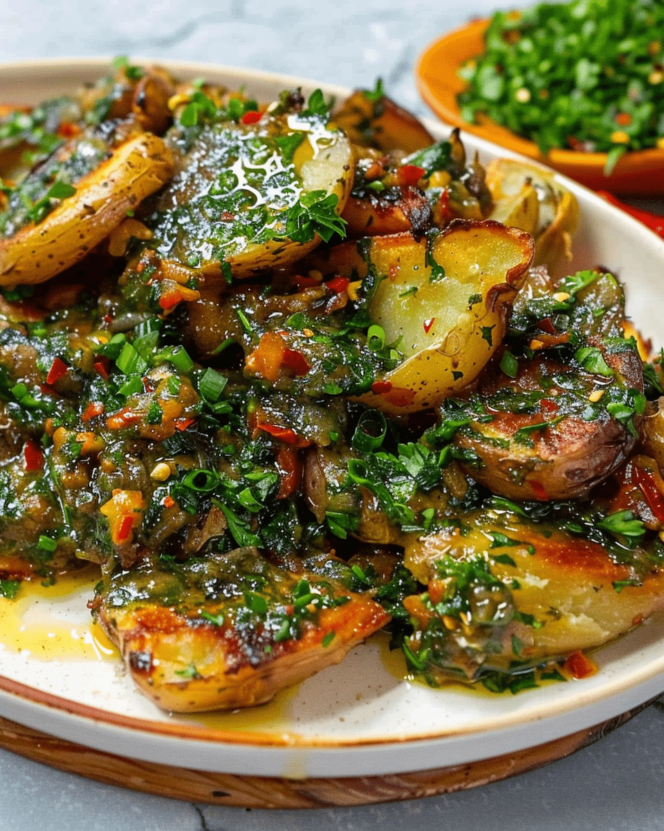 Crispy Smashed Chimichurri Potatoes With Creamy Chickpea Dip