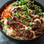 Korean BBQ Steak Rice Bowls with Spicy Cream Sauce
