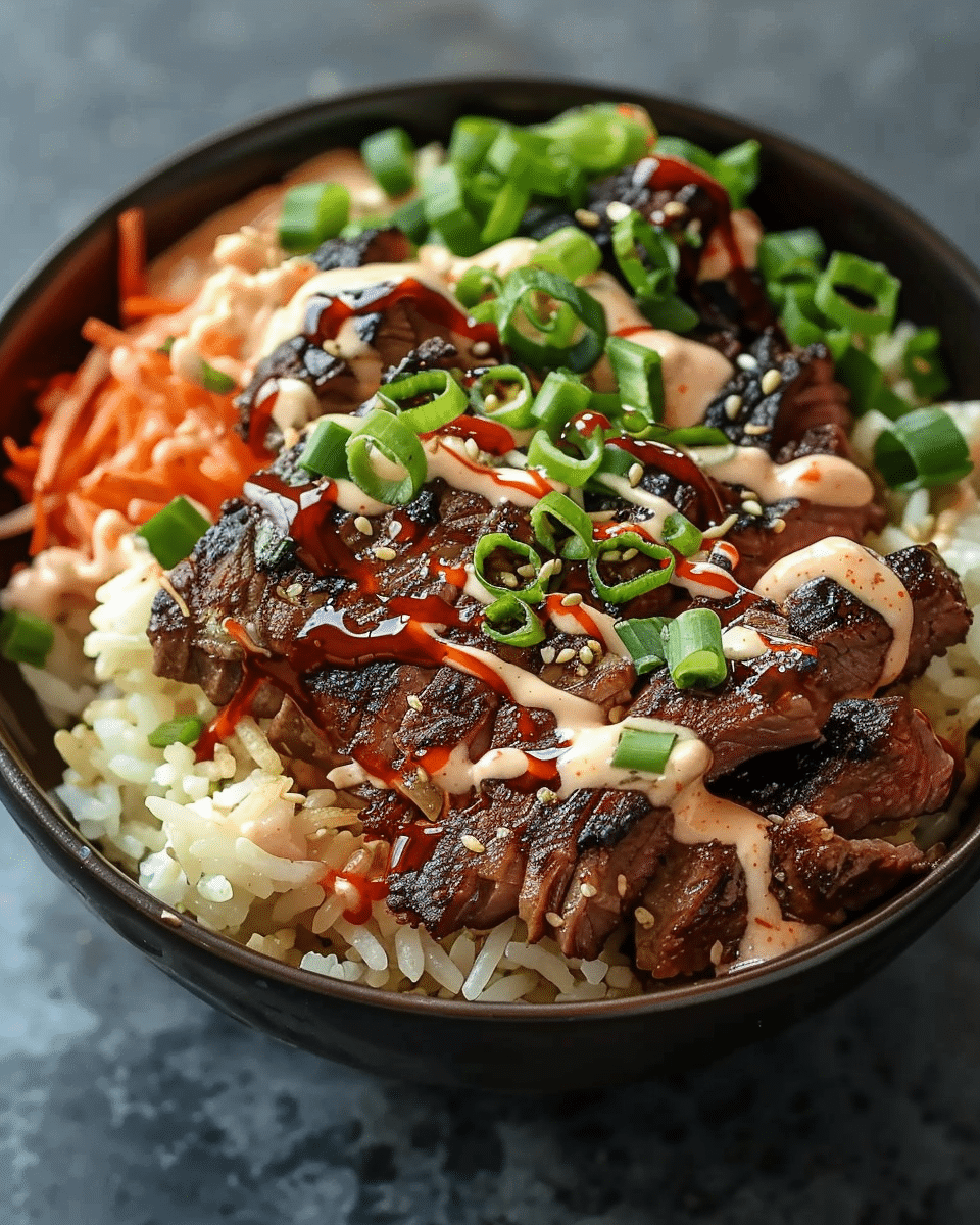 Korean BBQ Steak Rice Bowls with Spicy Cream Sauce