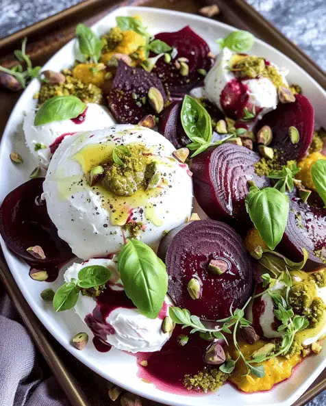 Beets and Burrata with Pistachio Vinaigrette