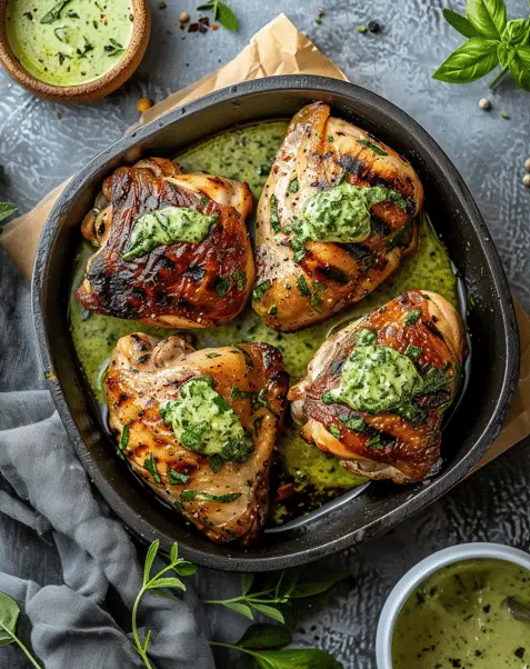 Grilled Chicken Thighs with Creamy Green Herb Sauce