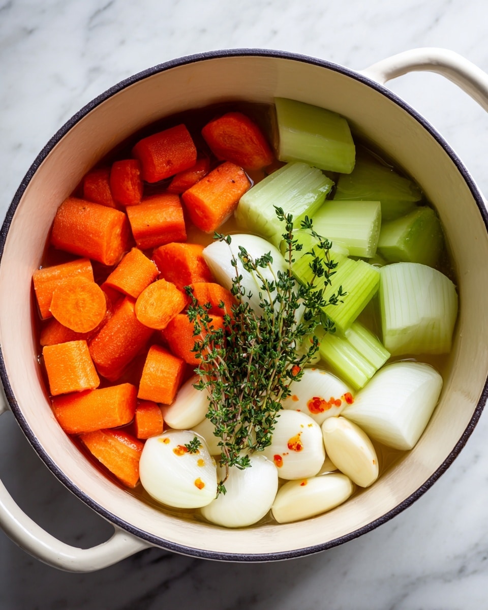 Inside a white pot, there are layers of fresh vegetables arranged loosely. At the bottom, thick chunks of bright orange carrots are grouped together on one side. Next to them, pieces of pale green celery are placed in a rough pile. Spread around, there are several whole garlic cloves with a smooth white texture. In the middle, thick white onion slices lay flat, topped with small green sprigs of fresh herbs and a few drops of reddish-orange seasoning oil. The inside of the pot is a soft cream color, contrasting with the colorful vegetables. The pot is set on a white marbled surface photo taken with an iphone --ar 4:5 --v 7