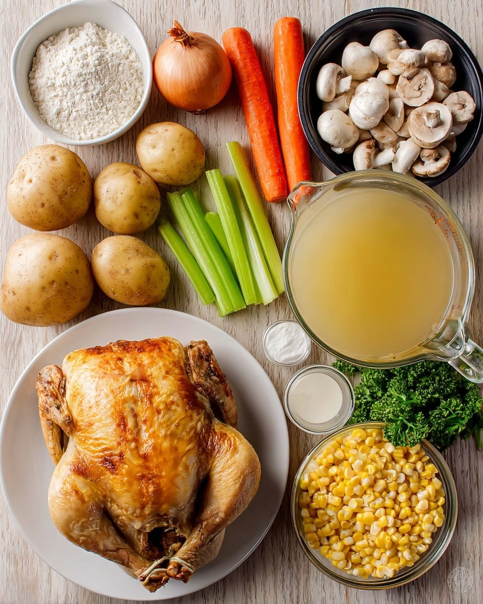 A roasted chicken with a golden brown skin lies centered on a white plate at the bottom left. Around it, on a wooden surface, are fresh ingredients including an onion and three garlic cloves at the top left, three bright orange carrots and three crisp green celery sticks pointing toward the middle. Five light brown potatoes are spread near the top center. There is a small bunch of green parsley slightly below the potatoes. To the right, there is a black container filled with white mushrooms, a clear glass jug filled with light yellow broth, a small white bowl full of yellow corn kernels, and a small clear glass measuring cup with cream. A white measuring cup holds white flour on the far left. The overall setup is arranged neatly with a white marbled texture background. photo taken with an iphone --ar 4:5 --v 7