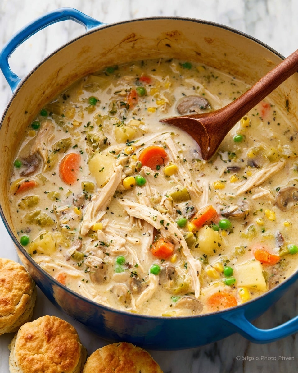 A blue pot filled with creamy chicken and vegetable stew shows layers of shredded white chicken, orange carrot slices, green peas, light yellow potato chunks, yellow corn, and small brown mushroom pieces, all mixed in a thick beige broth with herbs sprinkled throughout. A wooden spoon is partially inside the pot, stirring the hearty mix. Around the pot are three golden-brown biscuits resting on a white marbled surface. photo taken with an iphone --ar 4:5 --v 7