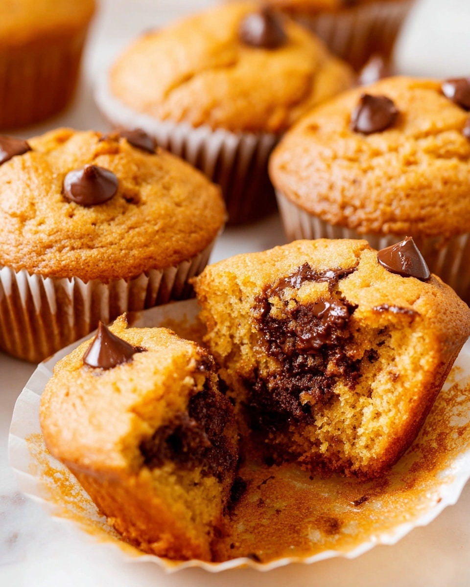 The image shows several golden brown muffins with a soft, moist texture. One muffin at the front is broken into two pieces, revealing a rich, dark chocolate inside with a slightly melted look. The top of the muffins have a few semi-melted chocolate chips scattered, adding a smooth and shiny texture. The muffins sit in white paper liners and are placed on a white marbled surface, giving a clean and bright background. The close-up view highlights the crumbly but tender nature of the muffins’ inside. photo taken with an iphone --ar 4:5 --v 7