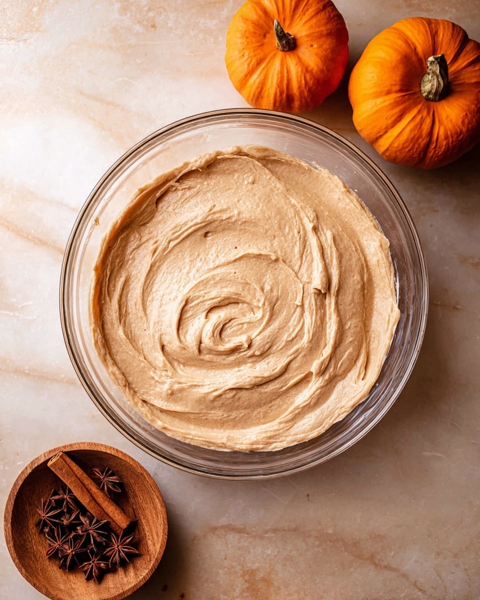 A clear glass bowl sits on a white marbled surface, filled with one thick layer of light brown batter that has a smooth, creamy texture with soft swirls on the surface. To the upper right of the bowl, there are two small orange pumpkins with green stems. Below the bowl and slightly to the left, there is a small round wooden bowl filled with dark brown star anise and cinnamon sticks. The warm tones of the batter and pumpkins contrast with the neutral background. photo taken with an iphone --ar 4:5 --v 7