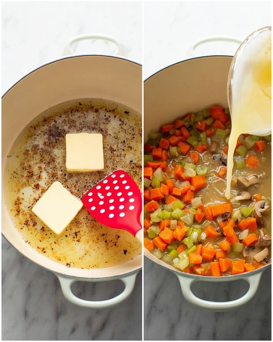 The first image shows a white pot with two small rectangles of butter melting inside it, the base is covered with brown bits from cooking, a red spatula with white polka dots is resting on the side. The second image shows the same white pot filled with diced orange carrots, light green celery pieces, and bits of mushrooms in a broth. A pale yellow liquid is being poured into the pot from above, adding to the vegetable mixture. The pot sits on a white marbled surface. photo taken with an iphone --ar 4:5 --v 7