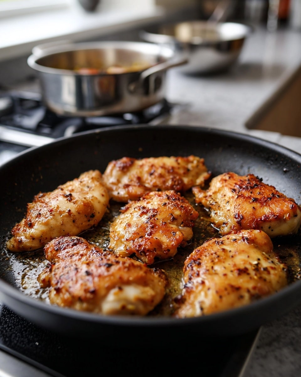 A black pan with six golden brown pieces of cooked seasoned chicken, each showing some crusty browned spots and a slightly glossy oily texture, is sitting on a stove top. In the background, there are two blurred metal saucepans and a bowl on the white marbled kitchen surface, holding cooked food but out of focus. The chicken pieces are arranged in a loose circle with varying shapes and sizes, showing some char marks and a crispy, textured surface. Photo taken with an iphone --ar 4:5 --v 7