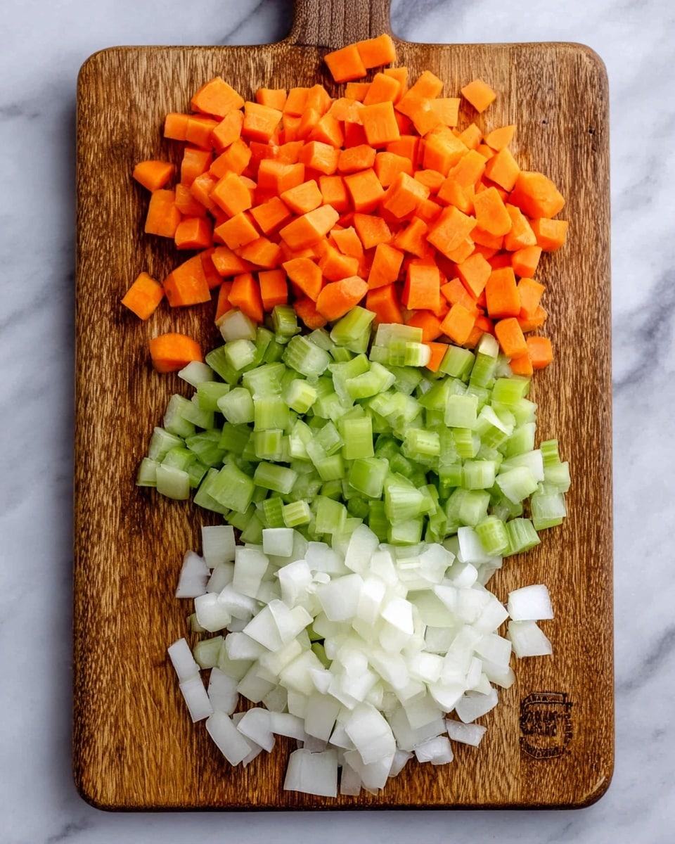 A wooden cutting board lays flat on a white marbled surface. On the board, there are three neat piles of small, evenly chopped vegetables arranged vertically. At the top, bright orange carrot cubes form the first layer, below them is a layer of pale green celery pieces, and at the bottom are white onion chunks in slightly larger pieces than the other vegetables. The colors are vibrant and the textures clear, showing the freshness of the vegetables. photo taken with an iphone --ar 4:5 --v 7