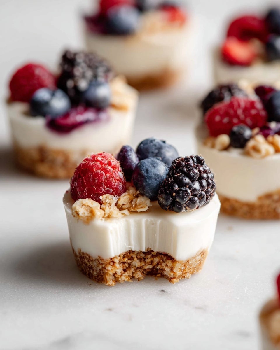 The image shows small frozen yogurt bites each with three visible layers: a golden brown granola base with a rough, crunchy texture at the bottom, a thick creamy white frozen yogurt middle layer that is smooth and slightly glossy, and on top, a mix of frozen berries including whole blueberries in blue, raspberries in bright red, and blackberries in deep purple, with some granola pieces scattered as garnish on a white marbled surface. One frozen yogurt bite in the foreground has a small bite taken out, revealing the layers clearly. Photo taken with an iphone --ar 4:5 --v 7