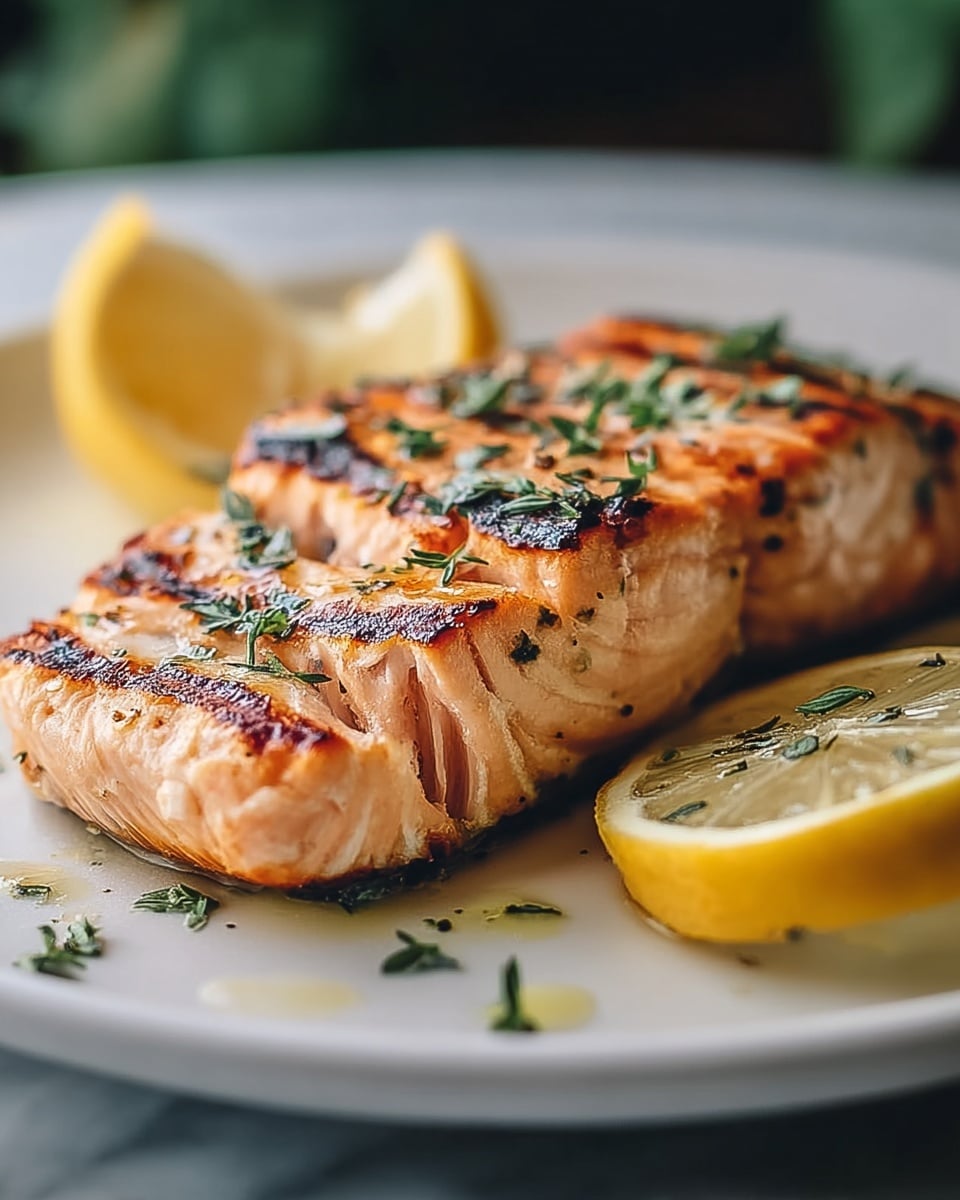 The image shows a piece of grilled salmon with a slightly charred surface, layers of light pink and orange flesh with white lines between the layers, garnished with small green herbs scattered on top. The salmon lies on a white plate, accompanied by two lemon halves with yellow skin and light yellow inside, one placed beside the salmon and the other partially blurred in the background. The plate sits on a white marbled surface, and soft natural light highlights the texture and colors of the dish. photo taken with an iphone --ar 4:5 --v 7