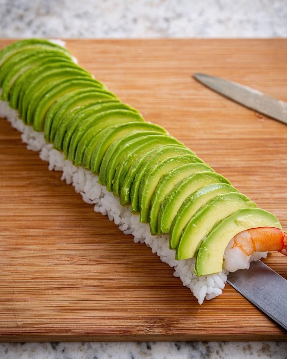 A sushi roll is shown on a white rectangular plate with a white marbled surface beneath it. The roll has four visible layers: the base layer is white rice wrapping the inside, the next layer is dark seaweed, inside is golden crunchy tempura shrimp and green cucumber, the next layer on top is thin light green slices of avocado, and the top layer is orange spicy mayo sauce with small orange fish eggs and black sesame seeds sprinkled on it. The sushi roll is placed in a straight line stretching to the back, with some dark soy sauce drops on the plate near the roll. photo taken with an iphone --ar 4:5 --v 7