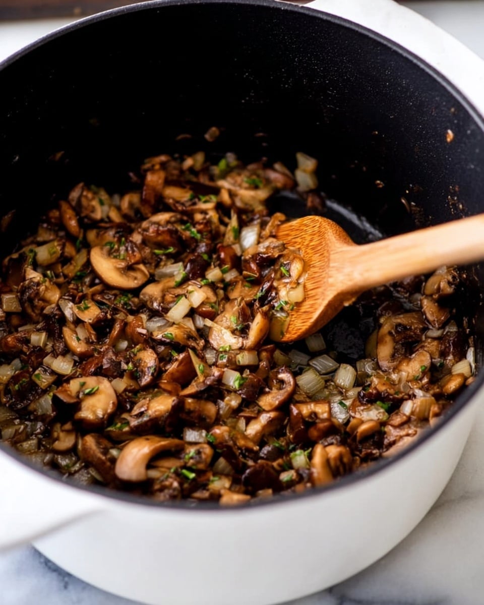 A black pot filled with cooked chopped mushrooms and diced onions, both browned and mixed with green herbs, sits on a white marbled surface. A wooden spoon with a curved handle is stirring the mixture inside the pot, showing a close-up view of the cooked, textured ingredients. The pot's outer side visible is white, contrasting with the dark inside and the natural wood tone of the spoon. Photo taken with an iphone --ar 4:5 --v 7