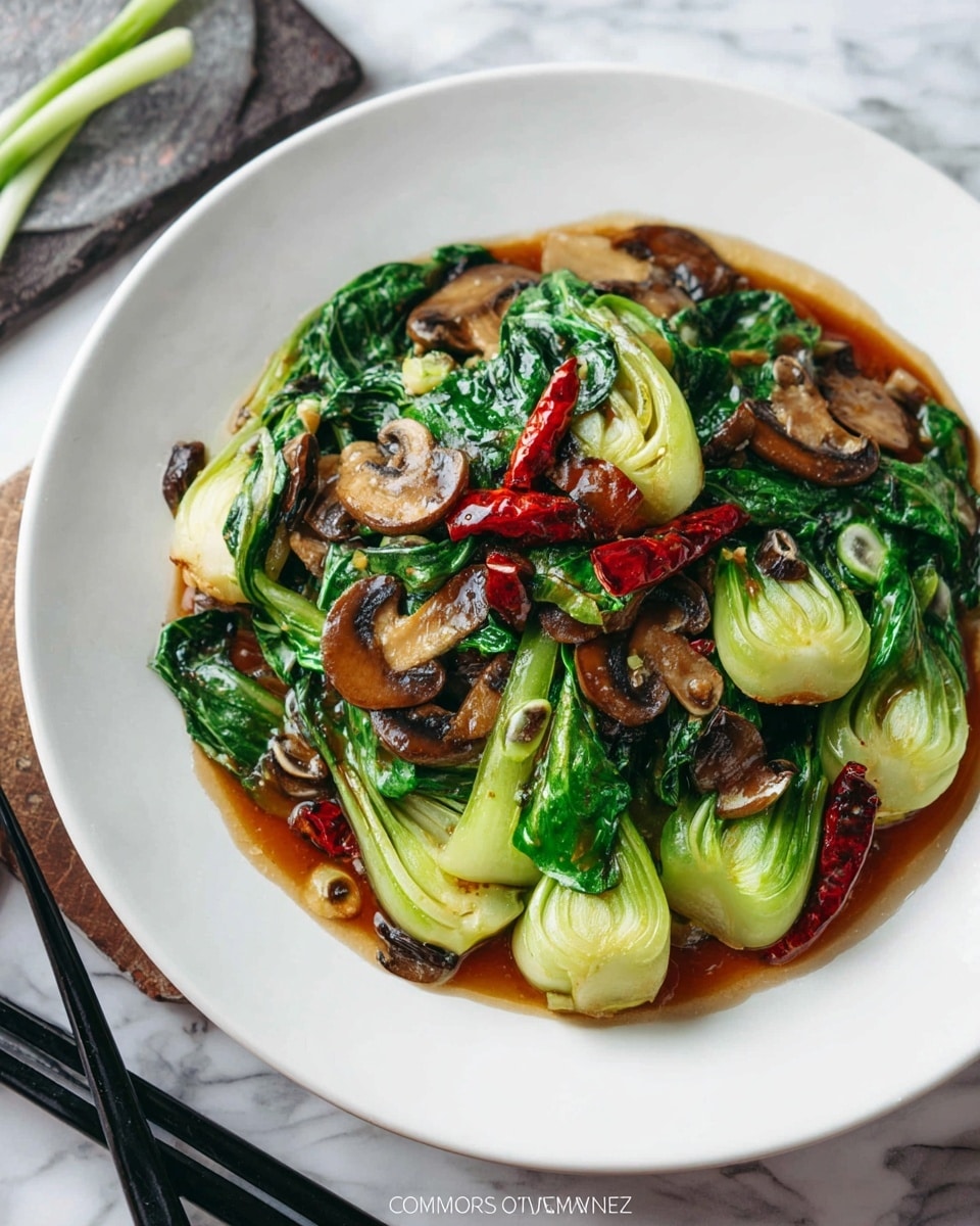 A white plate holds a stir-fried dish with two main layers: the bottom layer is a shiny brown sauce covering the plate, while the top layer has bright green baby bok choy with textured leafy parts and pale stalks, mixed with sliced brown mushrooms that have a soft, cooked look. Scattered on top are a few whole dried red chili peppers adding contrast with their deep red color. The dish sits on a white marbled surface with black chopsticks placed to the side. Photo taken with an iphone --ar 4:5 --v 7