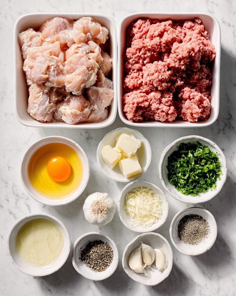 The image shows two white bowls on a white marbled surface; the left bowl contains light pink, raw ground meat, and the right bowl holds darker red, raw ground meat. Below these, there are six small white bowls arranged in two rows. The top row from left to right has a creamy white liquid, a bright orange egg yolk, and small beige cubes that look like chopped bread. The bottom row has a pile of finely chopped green herbs, a bowl filled with white grated cheese, and a bowl containing a few cloves of garlic and some black pepper. Photo taken with an iphone --ar 4:5 --v 7