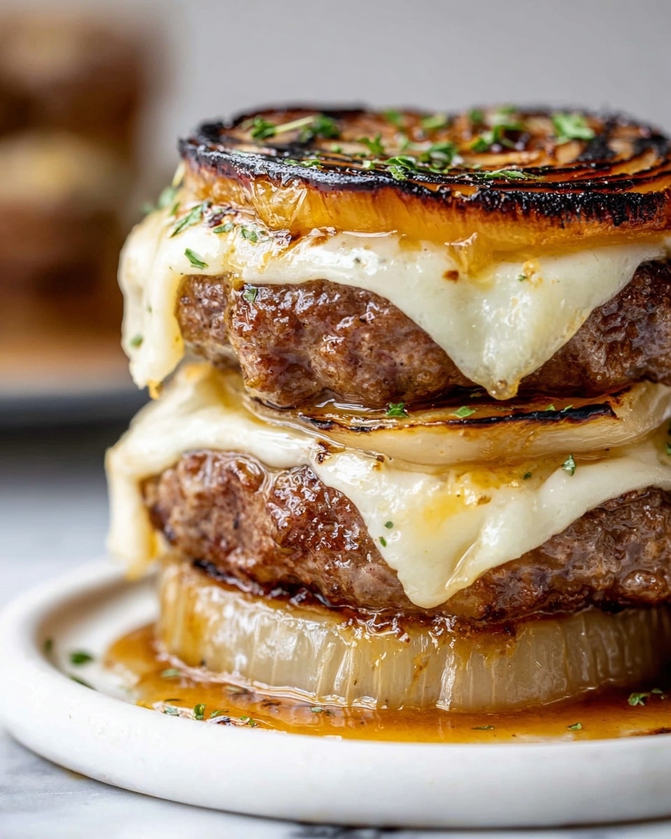 A close-up of a two-layer burger without a bun, each layer made of dark brown grilled beef patties. Between the patties, there is creamy melted cheese that drapes down the sides with a smooth, shiny texture. On the top layer, there is a round, thick slice of caramelized onion, brown with slightly burnt edges and a glossy finish. The burger is placed on a white marbled surface, and in the background, there is a blurred view of French fries. photo taken with an iphone --ar 4:5 --v 7