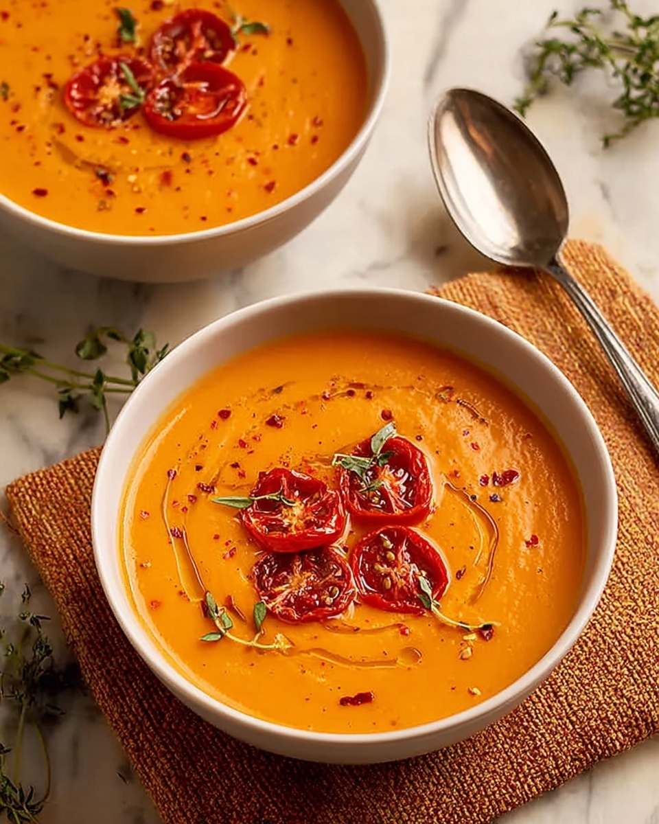 Best Creamy Roasted Garlic Tomato Soup Recipe 4 Two white bowls filled with smooth, orange-colored creamy soup sit on a white marbled surface. Each bowl has a topping of five roasted tomato halves arranged like a flower in the center, with a few small green herb leaves on top. The soup surface has tiny droplets of olive oil and small bits of red pepper flakes sprinkled around. One bowl is closer to the front resting on a piece of coarse textured brown-orange cloth, while the other bowl sits slightly behind. A shiny silver spoon and some green herb sprigs lie beside the bowls, adding more detail to the warm scene. Photo taken with an iphone --ar 4:5 --v 7