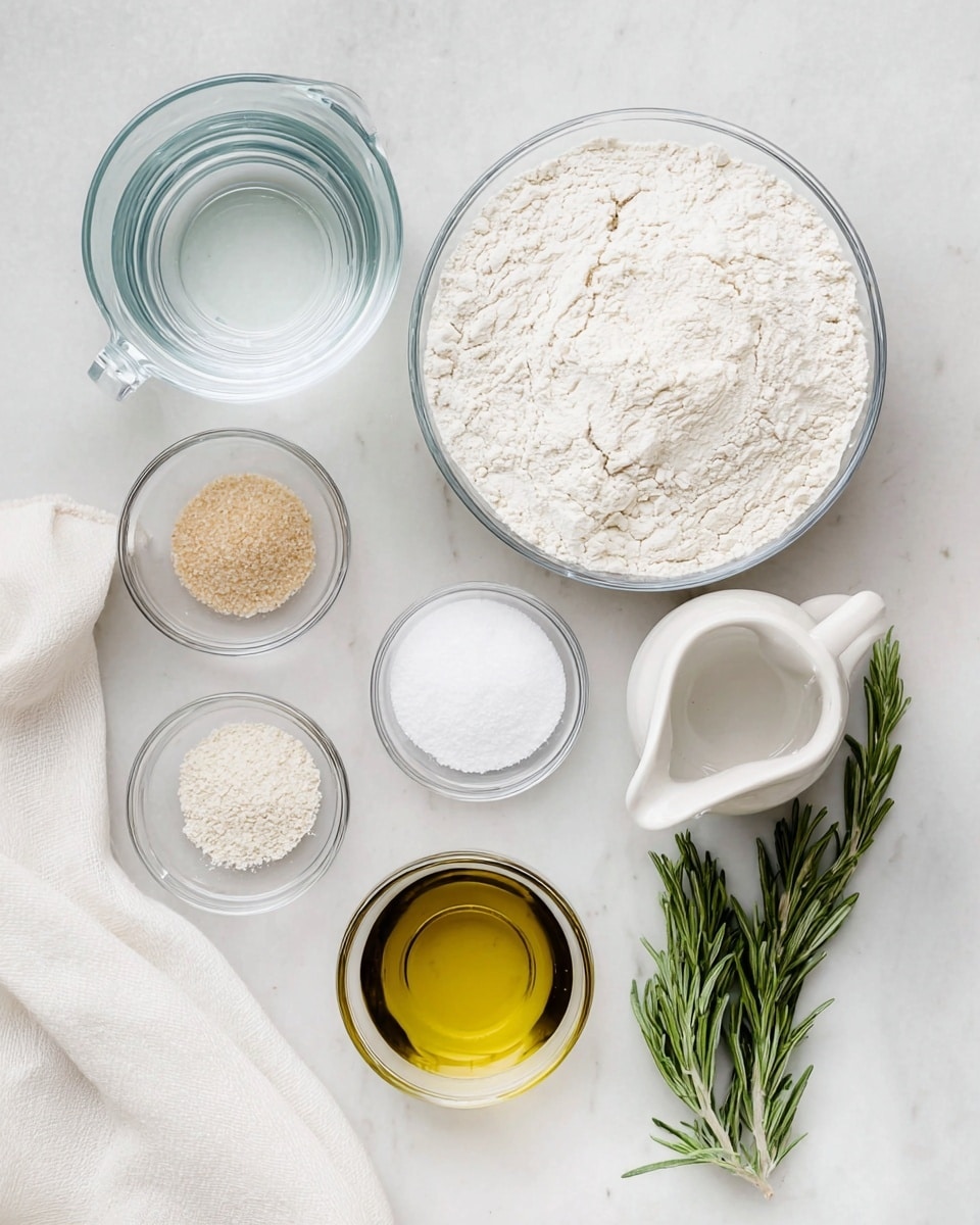 The image shows a top view of baking ingredients arranged neatly on a white marbled surface. In the top right is a large clear glass bowl filled with white flour, its texture soft and crumbly. To the top left is a clear glass measuring cup filled with water, transparent and smooth. Below the measuring cup are four small clear glass bowls arranged in a loose square; from left to right and top to bottom, they contain granulated sugar (light beige and fine), dry yeast (light tan granules), salt (white and coarse), and baking powder (white and powdery). To the right of these bowls is a small white pitcher filled with golden olive oil, its surface shiny. At the bottom right are two sprigs of fresh green rosemary, their needle-like leaves thick and vibrant. A white cloth is partially visible in the bottom left corner, soft and folded. photo taken with an iphone --ar 4:5 --v 7
