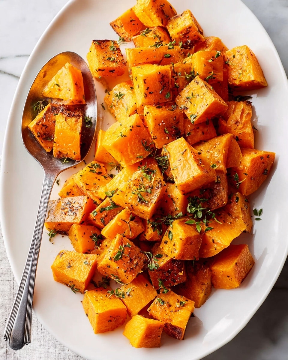 The image shows a pile of roasted orange sweet potato cubes on a white oval plate, with some pieces having a browned, slightly crispy texture. The cubes are sprinkled with small green herb bits and a light dusting of black pepper. A silver spoon holds a few of the sweet potato cubes and rests near the center of the plate. The background is a white marbled surface, giving a clean and bright look. photo taken with an iphone --ar 4:5 --v 7