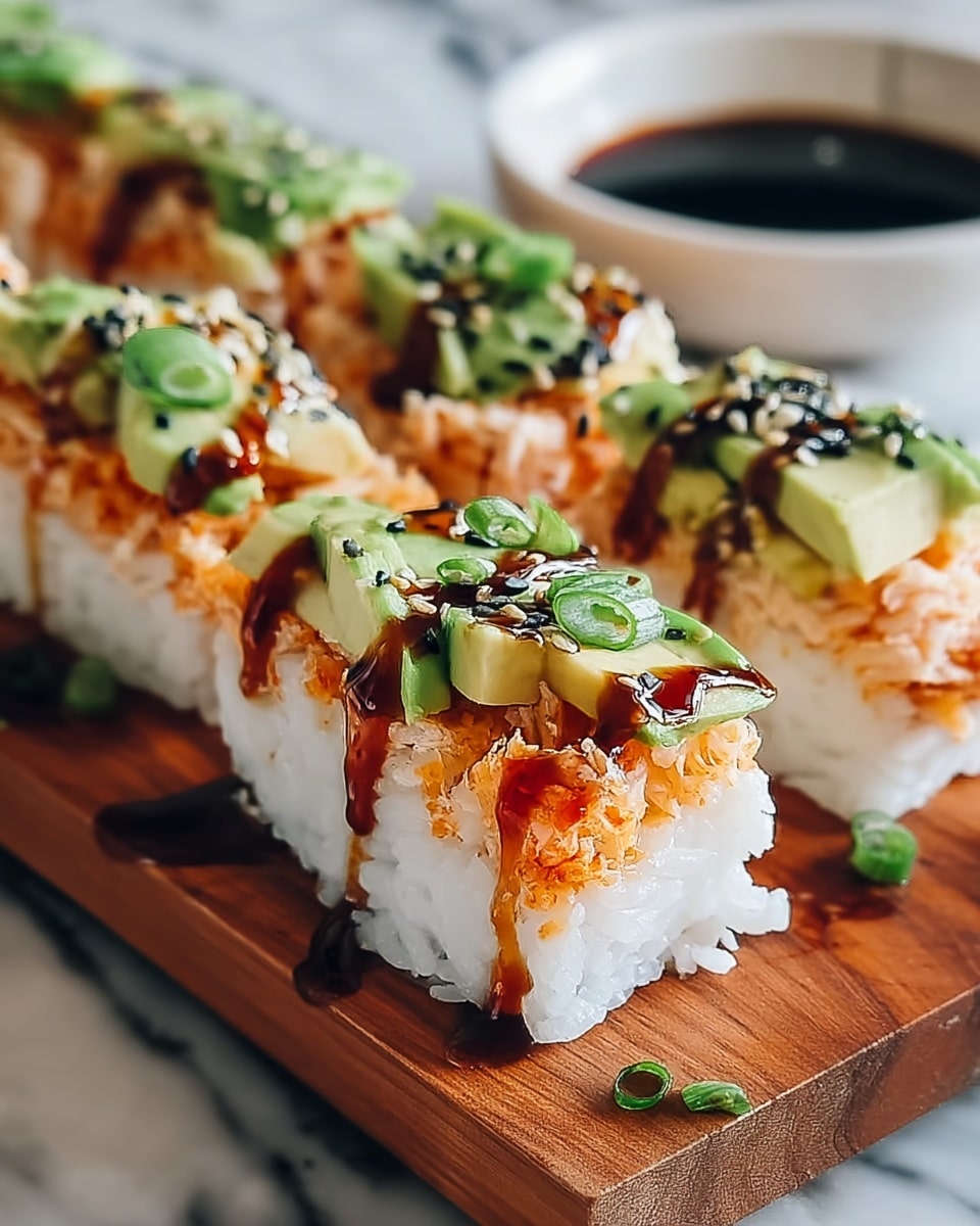 The image shows several pieces of sushi arranged in a row on a wooden board. Each sushi piece has three main layers: a white rice base at the bottom, a middle layer of light pink fish, and a top layer with orange sauce and small green chopped scallions. The top is drizzled with white mayo and dark brown sauce, sprinkled with dark seaweed flakes and light brown crunchy bits. In the background, there are dollops of green wasabi and a small white bowl with dark soy sauce, all placed on a white marbled surface. photo taken with an iphone --ar 4:5 --v 7