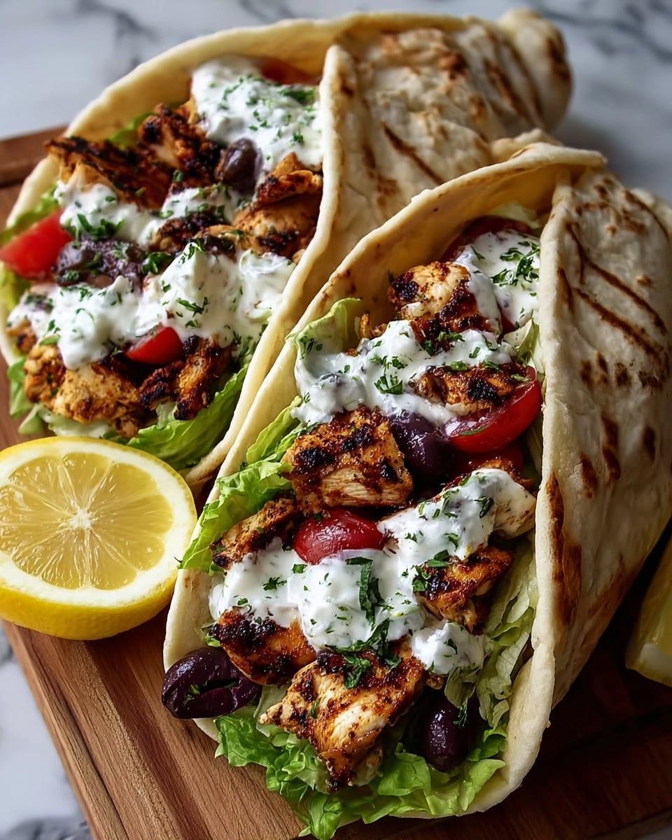 The image shows three grilled chicken wraps placed close together on a wooden board. Each wrap has a soft, slightly browned flatbread folded around layers beginning with fresh green lettuce at the bottom, followed by chunks of grilled chicken with a dark brown, lightly charred texture. Above the chicken, there are slices of red cherry tomatoes and dark purple olives. On top, there is a thick layer of white yogurt sauce with small green herb pieces sprinkled over it. A lemon half with bright yellow skin rests beside the wraps. The background is a white marbled surface. Photo taken with an iphone --ar 4:5 --v 7