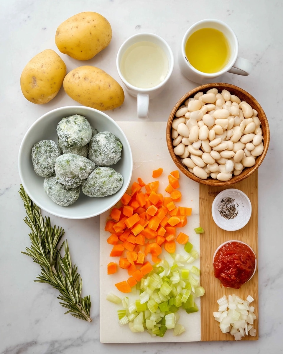 The image shows various cooking ingredients arranged neatly on a white marbled surface. At the top left, there are two whole yellow potatoes. To the right, there are two small white cups, one filled with a clear liquid and the other with yellow oil. Below them is a small wooden bowl filled with white beans. Next to it on the right is a small white plate with salt and pepper. On the bottom left, there is a white bowl holding several frozen spinach balls covered with frost. A fresh sprig of green rosemary lies horizontally below the bowls. At the bottom, a wooden cutting board holds diced onions on the left, bright orange diced carrots in the center, diced green celery to the right, a few chopped garlic cloves near the edge, and a small pile of red tomato paste on the bottom right corner. The photo was taken with an iphone --ar 4:5 --v 7