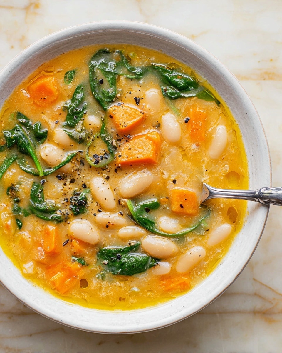 A white bowl filled with thick, creamy soup that has three visible layers: the base is a smooth, light brown broth; mixed within are soft yellow chunks, small orange pieces, and creamy white beans, all combined with bits of green leafy herbs scattered throughout. A silver spoon scoops up a hearty portion, showing the chunky texture with distinct pieces of vegetables and beans, held above the bowl. The setting is on a wooden surface with a sprig of green herb blurred in the background. photo taken with an iphone --ar 4:5 --v 7