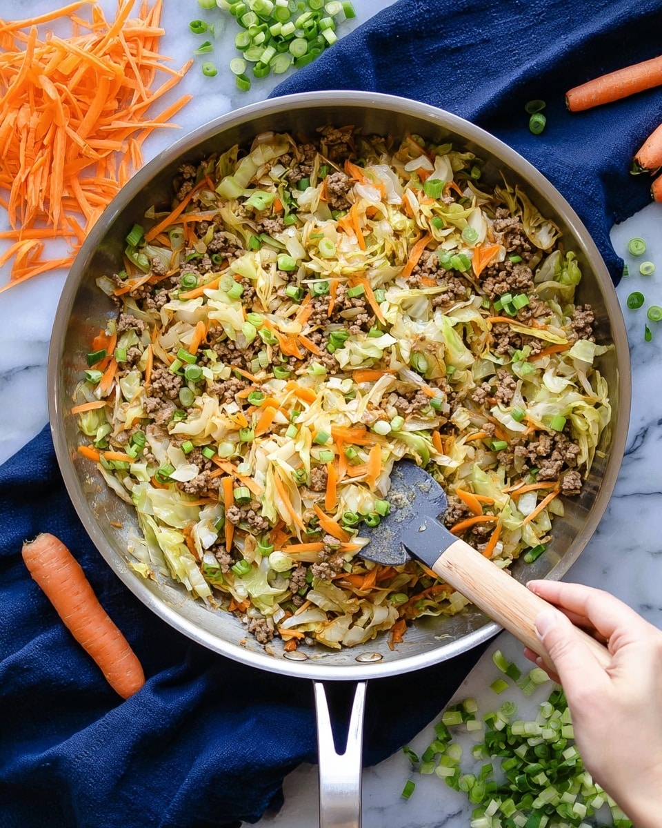A top view of a silver pan filled with cooked ground meat mixed with layers of chopped light green cabbage and shredded orange carrots, topped with scattered chopped green onions. The pan is held by a woman's hand gripping a spatula with a wooden handle resting on the right side inside the pan. Around the pan, there are whole and shredded carrots, chopped cabbage, and green onions placed on a white marbled surface. A dark blue cloth is partly visible under the pan handle. photo taken with an iphone --ar 4:5 --v 7