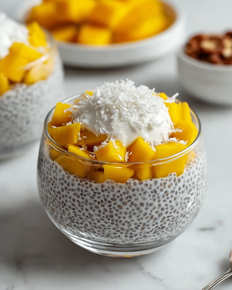 A clear glass bowl shows three layers: the bottom layer is a thick chia pudding with visible black chia seeds in white creamy base, on top of it there is a layer of bright yellow mango cubes evenly spread, and finally a dollop of white cream with shredded coconut flakes sprinkled around. The bowl is placed on a white marbled surface with blurred white bowls holding more mango cubes and nuts in the background. photo taken with an iphone --ar 4:5 --v 7