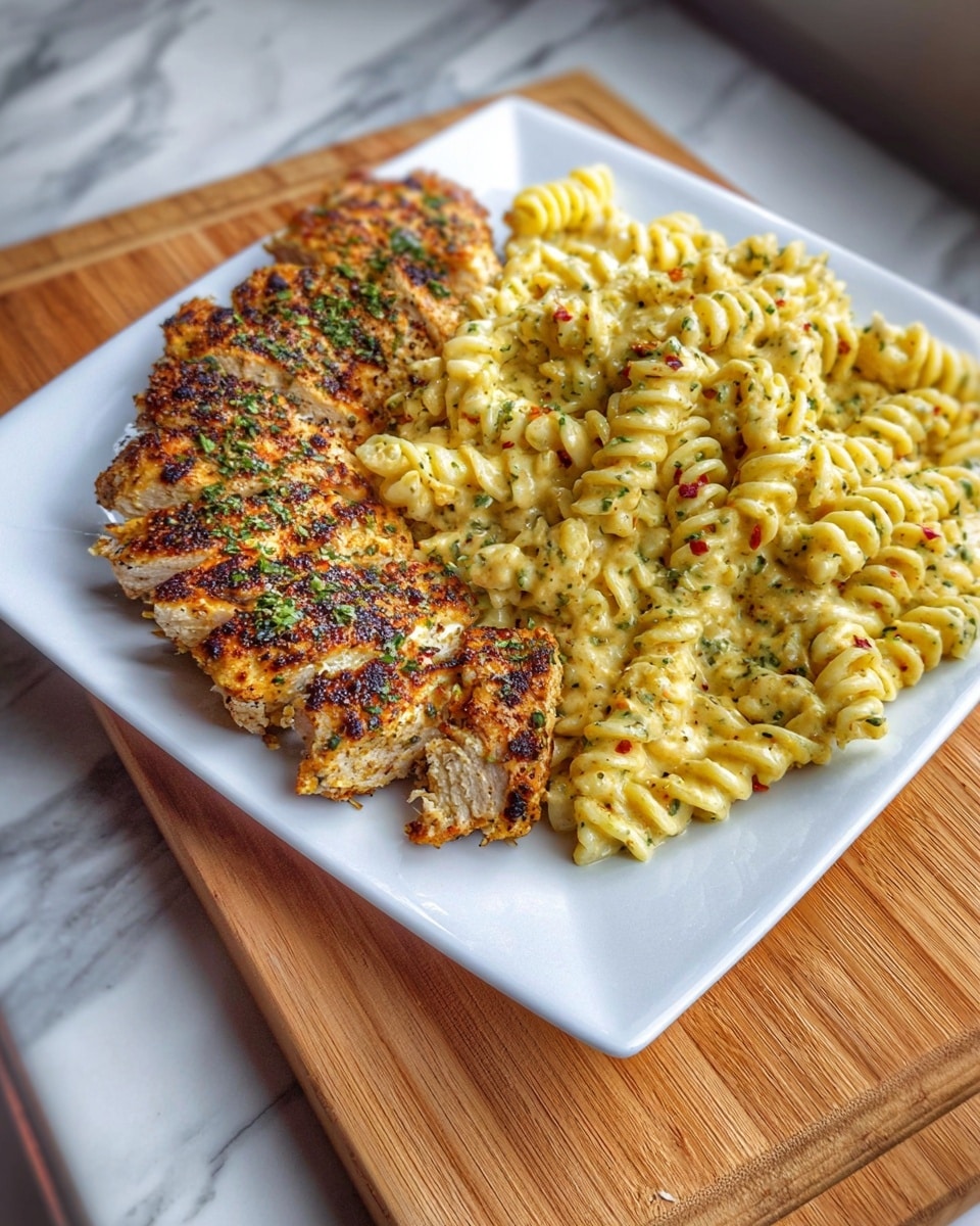 A white square plate sits on a wooden board on a white marbled kitchen countertop. On the plate, there are two main layers: on the left side, a row of four browned and herb-speckled grilled chicken pieces with a slightly crispy texture, and on the right side, a large serving of creamy rotini pasta mixed with green herbs and small bits of red seasoning. A woman's hand is sprinkling fresh green herbs over the dish, with the kitchen blurred in the background. Photo taken with an iphone --ar 4:5 --v 7