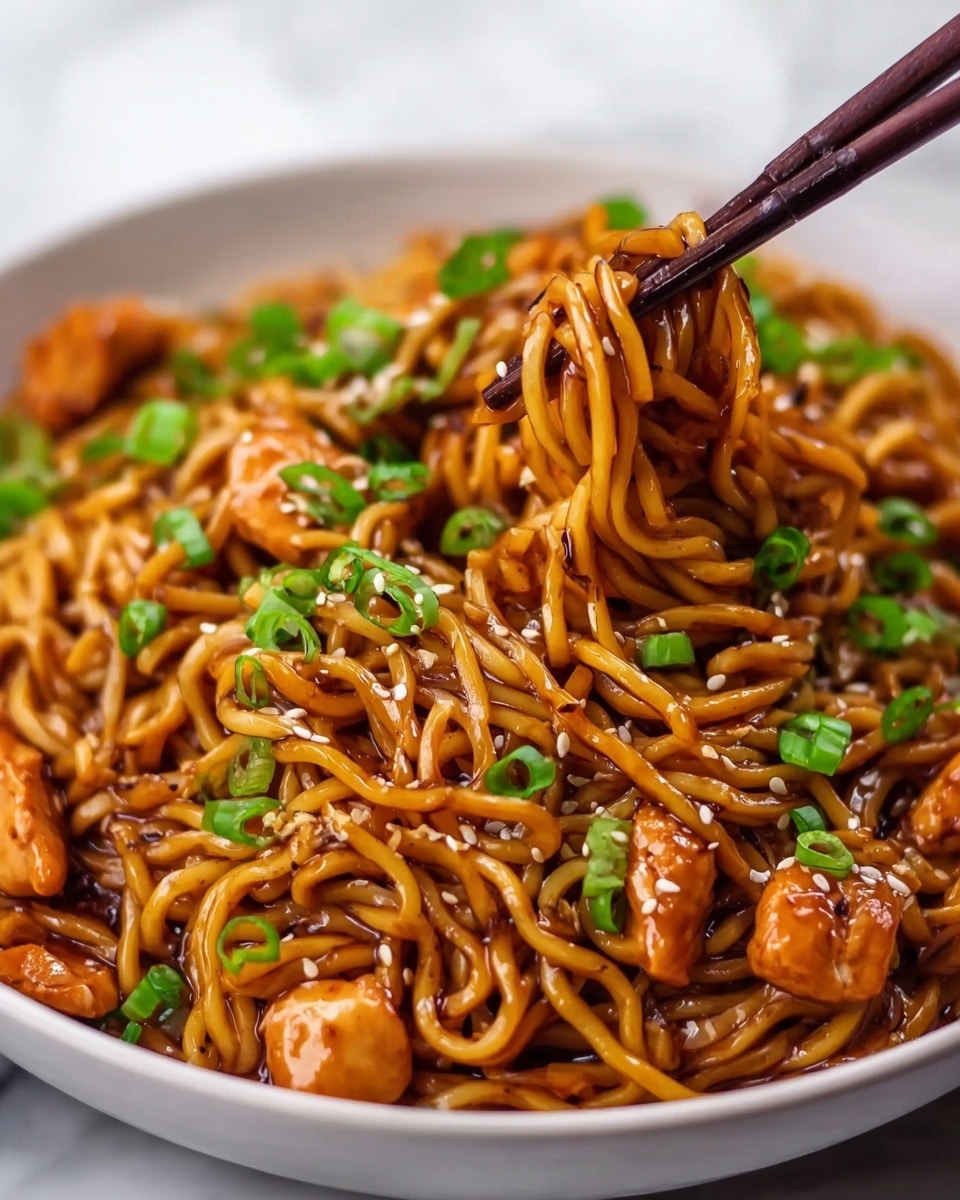 A white bowl filled with a single layer of curly, glossy golden-brown noodles mixed with small pieces of cooked chicken. The noodles and chicken are coated evenly with a savory sauce. On top, there are scattered bright green chopped scallions and light tan sesame seeds adding texture and color contrast. Resting on the edge of the bowl is a pair of dark brown wooden chopsticks. The bowl sits on a white marbled surface. Photo taken with an iphone --ar 4:5 --v 7
