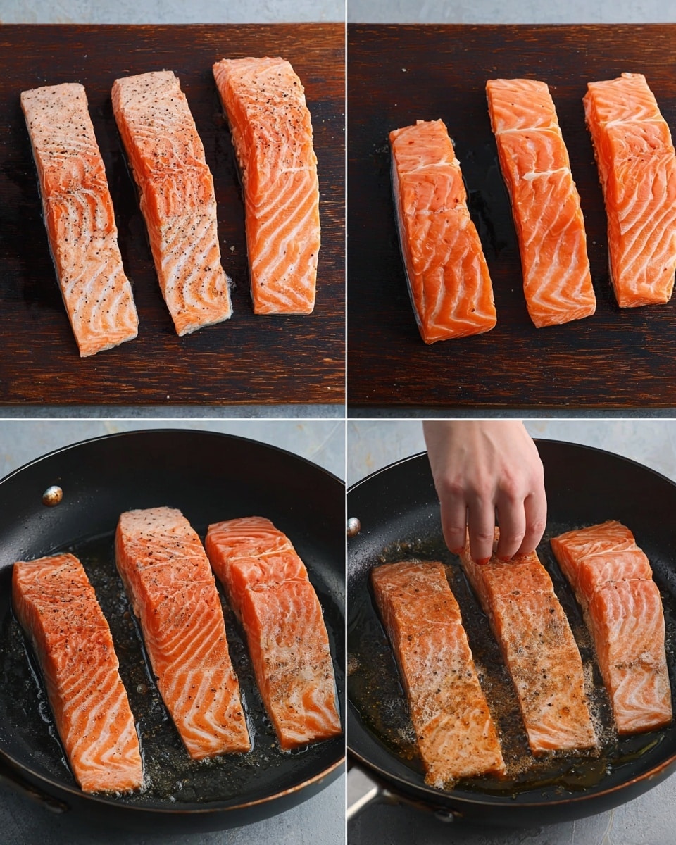 The image shows four stages of cooking three long pieces of raw salmon with orange and white patterns, each sprinkled with black pepper and salt. The first stage shows the salmon laid out on a dark wooden cutting board with clear texture. The second stage shows the three salmon pieces placed side by side in a black frying pan with a bit of oil, their bright orange color fresh and uncooked. In the third stage, a woman's hand is gently pressing on one piece of salmon while cooking, with the salmon slightly more opaque but still bright. The final stage shows the salmon fully cooked with a golden brown crust on top, sitting in the black frying pan with some oil and brown bits around them. The texture visibly changes from smooth to crisp on the outside. Photo taken with an iphone --ar 4:5 --v 7