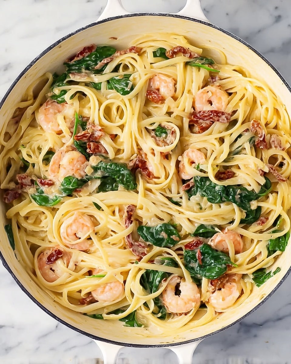 A white pan filled with creamy pasta consisting of three main layers: the base layer is long, thick, creamy yellow linguine noodles, mixed evenly with small pink shrimp scattered throughout. The middle layer includes fresh, dark green spinach leaves spread across the noodles, adding a vibrant contrast. The top layer has small pieces of reddish-brown sun-dried tomatoes, adding texture and color. The sauce coats all ingredients smoothly, giving a creamy shine. The pan sits on a white marbled surface. Photo taken with an iphone --ar 4:5 --v 7