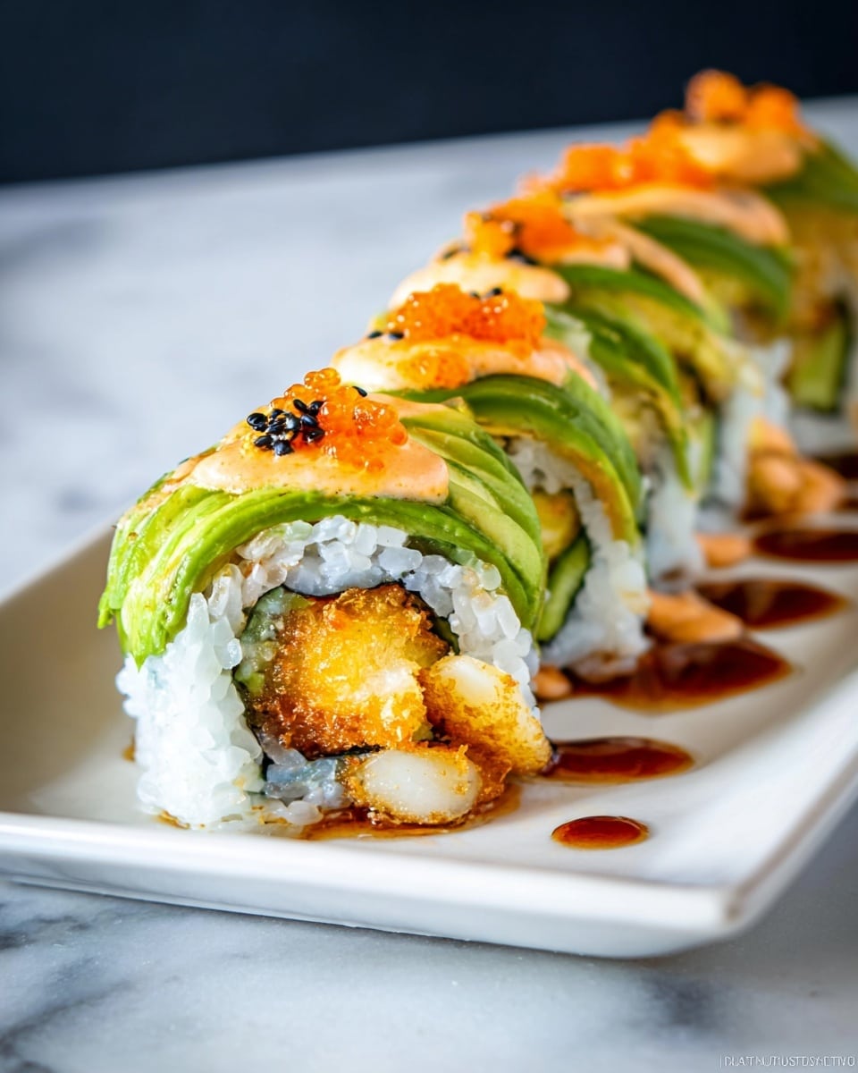 A sushi roll is being prepared on a wooden cutting board with a white marbled texture in the background. The base layer is white sticky rice, shaped into a neat oval. On top of the rice, there is a row of thin, bright green avocado slices, neatly layered to cover the whole length of the roll. A knife is placed to the right side, with avocado partially sliced. A piece of shrimp tail sticks out from the left end of the rice layer, showing an orange and white color. Photo taken with an iphone --ar 4:5 --v 7