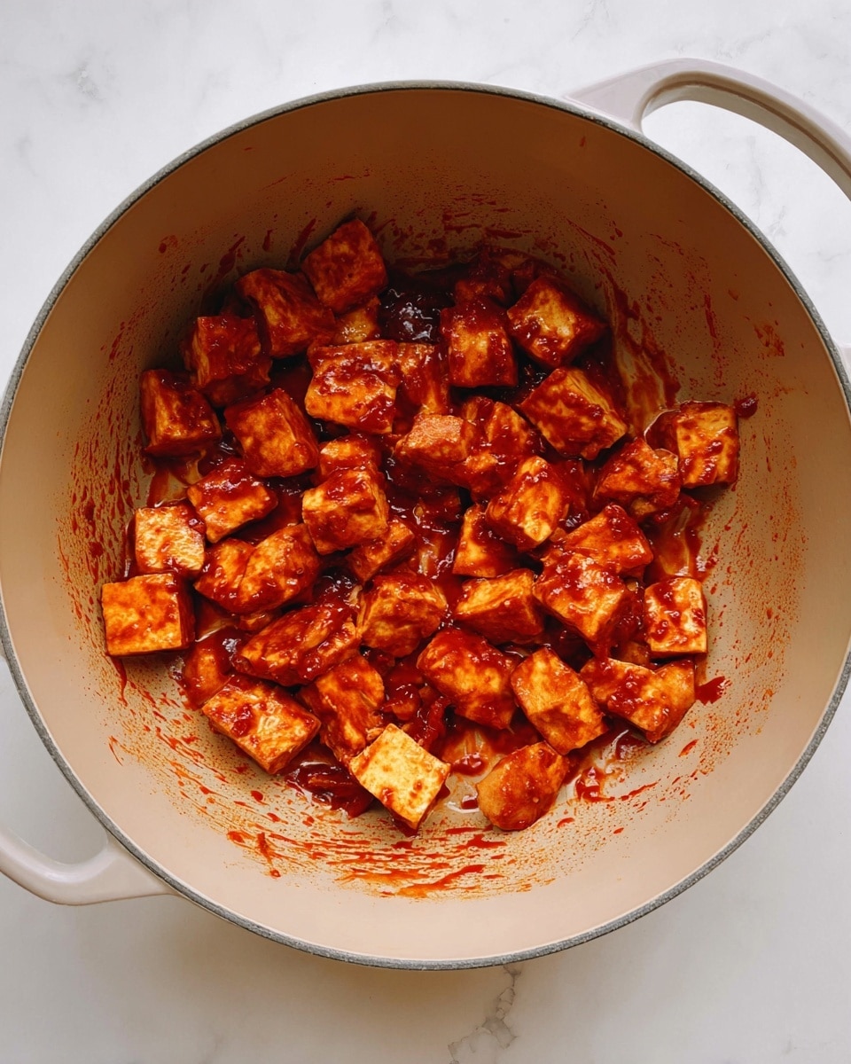 Inside a light beige cooking pot, there are many small, irregular pieces of tofu covered in a thick, bright red sauce. The sauce sticks to the tofu and parts of the pot, showing some texture and glossiness. The pot is clean except for the sauce splattered lightly inside. The background is a white marbled texture. photo taken with an iphone --ar 4:5 --v 7