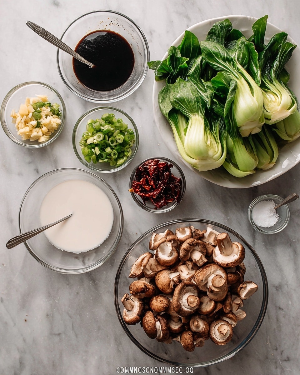 The image shows six clear glass bowls arranged on a white marbled surface, each containing different fresh ingredients. The largest bowl at the bottom right is filled with small brown mushrooms, some whole and some sliced in half, showing their light beige inside. To the top right, a white bowl holds fresh green bok choy, each piece cut in half, revealing white stalks and dark green leafy tops. At the top left, a smaller clear bowl holds chopped garlic, ginger, and green onions, all finely diced and mixed. Below it, another small clear bowl contains three whole dried red chili peppers. A medium-sized clear glass bowl near the center holds a dark soy sauce mixture with a spoon inside. On the bottom left, a plain white bowl contains a thick white liquid with a spoon resting in it. Near this bowl is a tiny clear glass bowl with salt. The ingredients are neatly spaced and ready for cooking. photo taken with an iphone --ar 4:5 --v 7