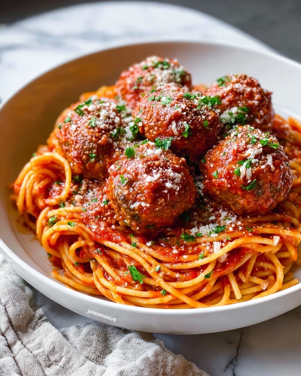 A white bowl filled with three large brown meatballs covered in bright red tomato sauce, sprinkled with small bits of green herbs and white grated cheese on top. The meatballs rest on a bed of spaghetti noodles coated in the same red sauce, twisted around a golden fork that holds a small nest of pasta. The bowl is set on a white marbled surface with a gray cloth nearby. Photo taken with an iphone --ar 4:5 --v 7