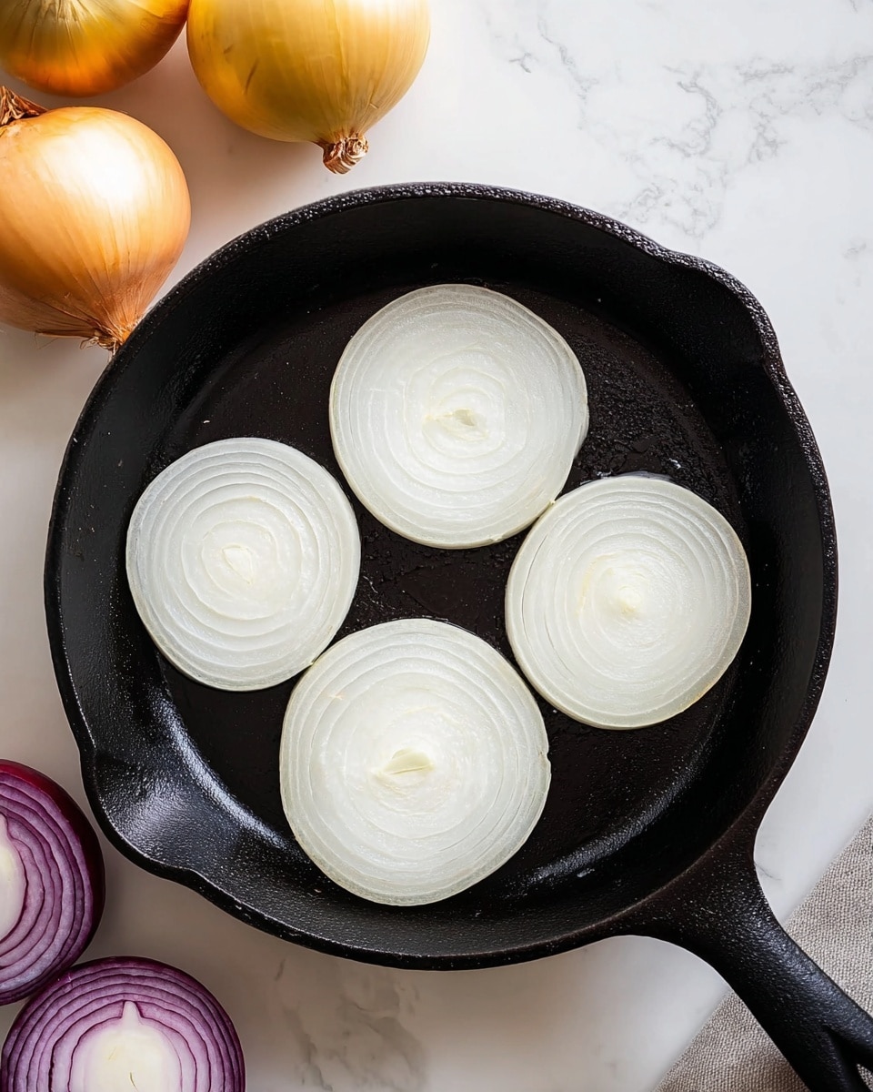 The image shows a black cast iron pan with four large round white onion slices evenly placed inside. Each onion slice has several thin rings creating a layered texture in soft white and light cream colors. The pan is sitting on a white marbled surface with a white cutting board underneath. Near the top left corner, there are three whole yellow onions with a smooth, light brown skin. At the bottom left, there is one whole red onion with purple skin partially peeled to show white flesh inside. photo taken with an iphone --ar 4:5 --v 7