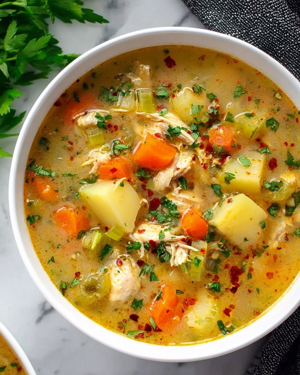 A white bowl filled with thick chicken soup that has visible large chunks of light beige chicken, pale yellow potato pieces, bright orange carrot slices, and light green celery stems. The soup broth is light golden with small herbs like green parsley scattered on top, adding fresh touches. The bowl sits on a dark cloth over a white marbled textured surface, with some green leaves blurred in the background. photo taken with an iphone --ar 4:5 --v 7
