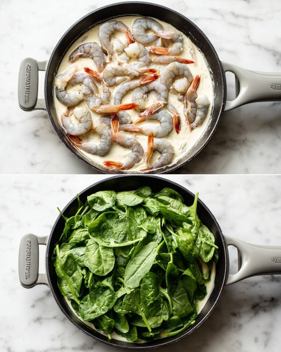 A black pan with a gray handle sits on a white marbled surface. Inside, there is a creamy white sauce covering the base, and on top, raw shrimp are spread out, mostly gray with some slight pink tones and orange tails facing outward, showing detail in their texture and shape. In the next image, the same pan is shown, but now a layer of fresh bright green spinach leaves covers the shrimp and the creamy sauce beneath, with the spinach pile uneven and fresh-looking, some leaves overlapping while others slightly lifted. Photo taken with an iphone --ar 4:5 --v 7