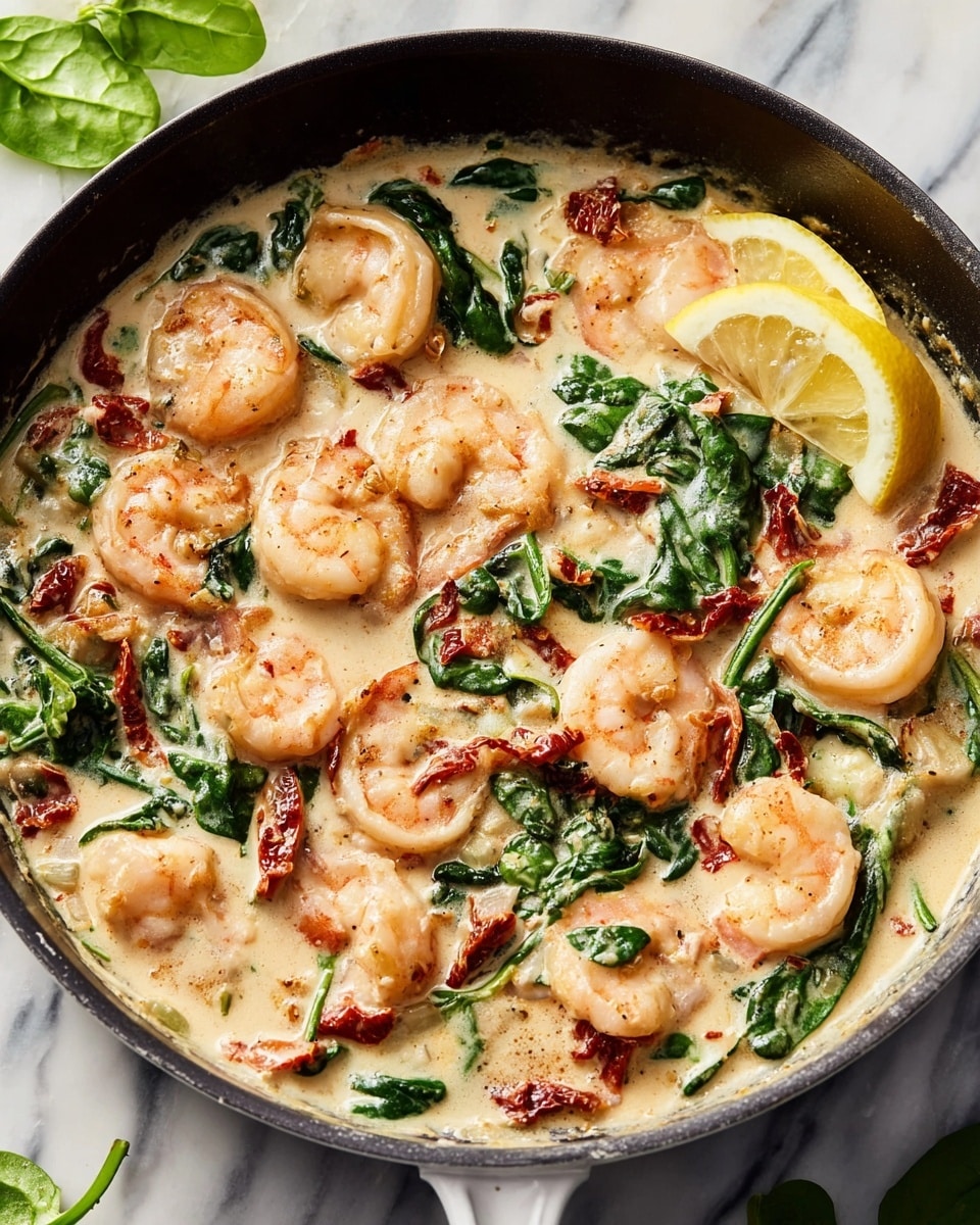 This dish has three main layers starting with a base of smooth white mashed potatoes that look creamy and soft. On top, there are several plump shrimp with a light orange color, covered in a creamy sauce that has small flecks of black pepper and bits of green herbs. Mixed in with the shrimp are bright green wilted spinach leaves and thin strips of reddish-brown sun-dried tomatoes, all coated in the same creamy sauce. The dish is served in a white bowl with a textured surface, placed on a white marbled background. Photo taken with an iphone --ar 4:5 --v 7