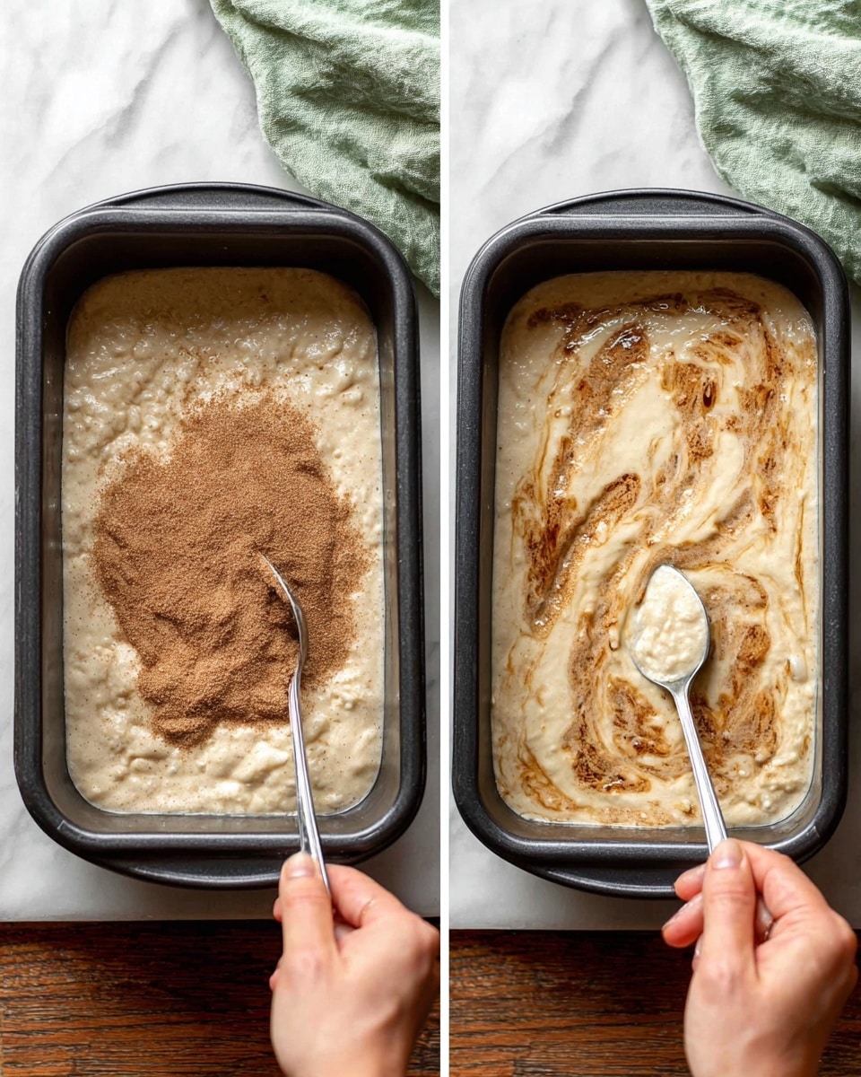 The image shows a black baking pan filled halfway with a thick, light beige batter that has some uneven texture and small lumps. In the left panel, a woman's hand holds a silver spoon sprinkling a layer of fine brown cinnamon sugar mix evenly over the top half of the batter. The cinnamon sugar layer looks powdery and scattered, covering about half of the batter’s surface. In the right panel, the batter is shown after being partially swirled with the brown cinnamon layer, creating uneven swirls and patches of light and darker brown colors on the top. The baking pan sits on a white marbled surface with a soft green cloth partially visible at the top right corner. photo taken with an iphone --ar 4:5 --v 7