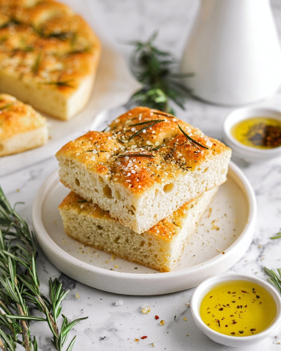 A woman's hand with red nail polish is holding a thick square piece of golden focaccia bread sprinkled with coarse salt and herbs on top. The bread's inside is light yellow and airy with visible holes, showing a soft texture. The piece is dipped slightly into a small white round plate filled with bright yellow olive oil mixed with green herbs and red chili flakes. In the background, more square pieces of focaccia bread rest on a white marbled surface, with a white cloth partially visible. A small sprig of rosemary lies near the plate, adding a fresh touch. Photo taken with an iphone --ar 4:5 --v 7