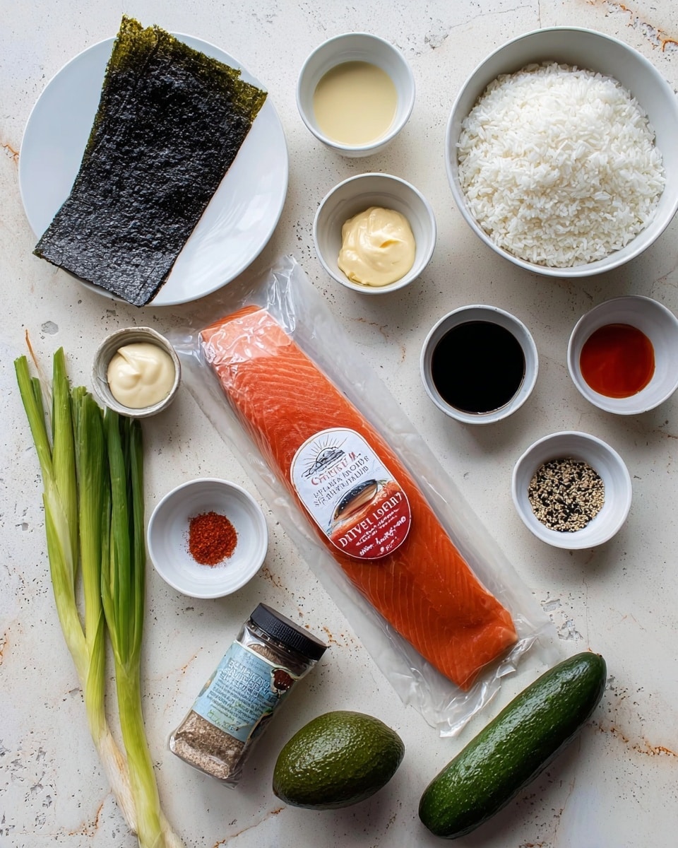 The image shows an assortment of sushi ingredients neatly arranged on a white marbled surface. At the center is a vacuum-sealed piece of wild Alaskan sockeye salmon fillet with a red and white label. Around it are small white bowls filled with light yellow mayonnaise, dark soy sauce, black sesame seeds, a red sauce, white salt, and a white powder. On the left, a white plate holds two dark green seaweed sheets. Below are fresh green onions, two small dark green cucumbers, a ripe dark green avocado, and a small container of Furikake seasoning. A large white bowl filled with white sushi rice completes the setup. photo taken with an iphone --ar 4:5 --v 7