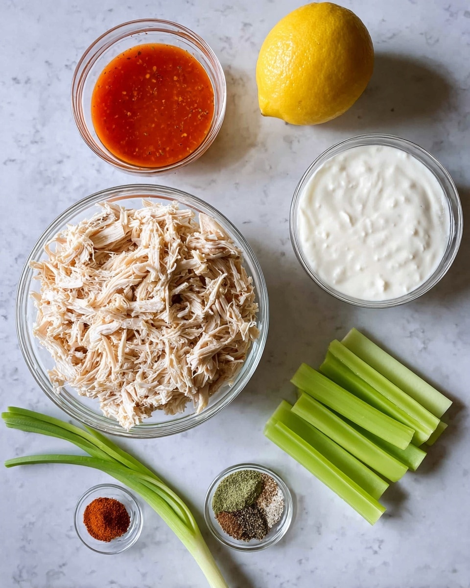 The image shows several clear glass bowls and fresh ingredients arranged on a white marbled surface. In the center is a large bowl filled with shredded beige chicken. To the top right of this bowl is a bowl of thick white creamy yogurt or sour cream. To the top left is a bowl containing an orange-red hot sauce. Above the chicken bowl sits a whole bright yellow lemon. To the lower left of the chicken are three green onions lying next to a small bowl of mixed spices, which include black pepper, salt, red paprika, and garlic powder. On the lower right of the chicken are five fresh, light green celery sticks placed side by side. photo taken with an iphone --ar 4:5 --v 7
