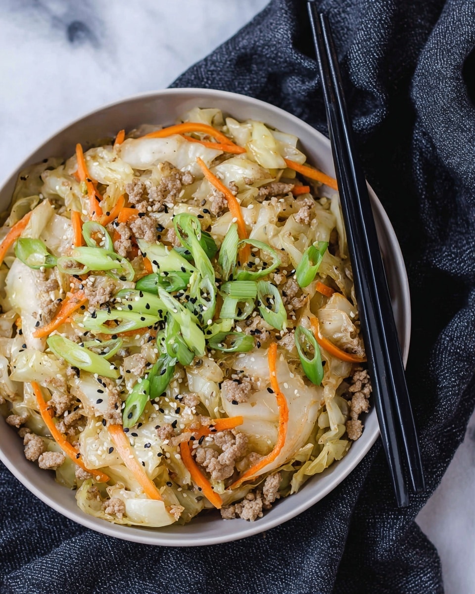The image shows a close-up of a dish served in a white bowl, placed on a white marbled surface with a dark gray cloth nearby. The dish has several layers: the bottom layer consists of chopped cooked cabbage with a pale yellow-green color and a soft texture; on top are thin orange carrot strips scattered evenly; mixed with the vegetables are small pieces of light brown cooked ground meat. The dish is garnished with fresh, sliced green onions and sprinkled with white sesame seeds and black pepper, giving a touch of texture and color contrast. A pair of black chopsticks rest on the side of the bowl. photo taken with an iphone --ar 4:5 --v 7