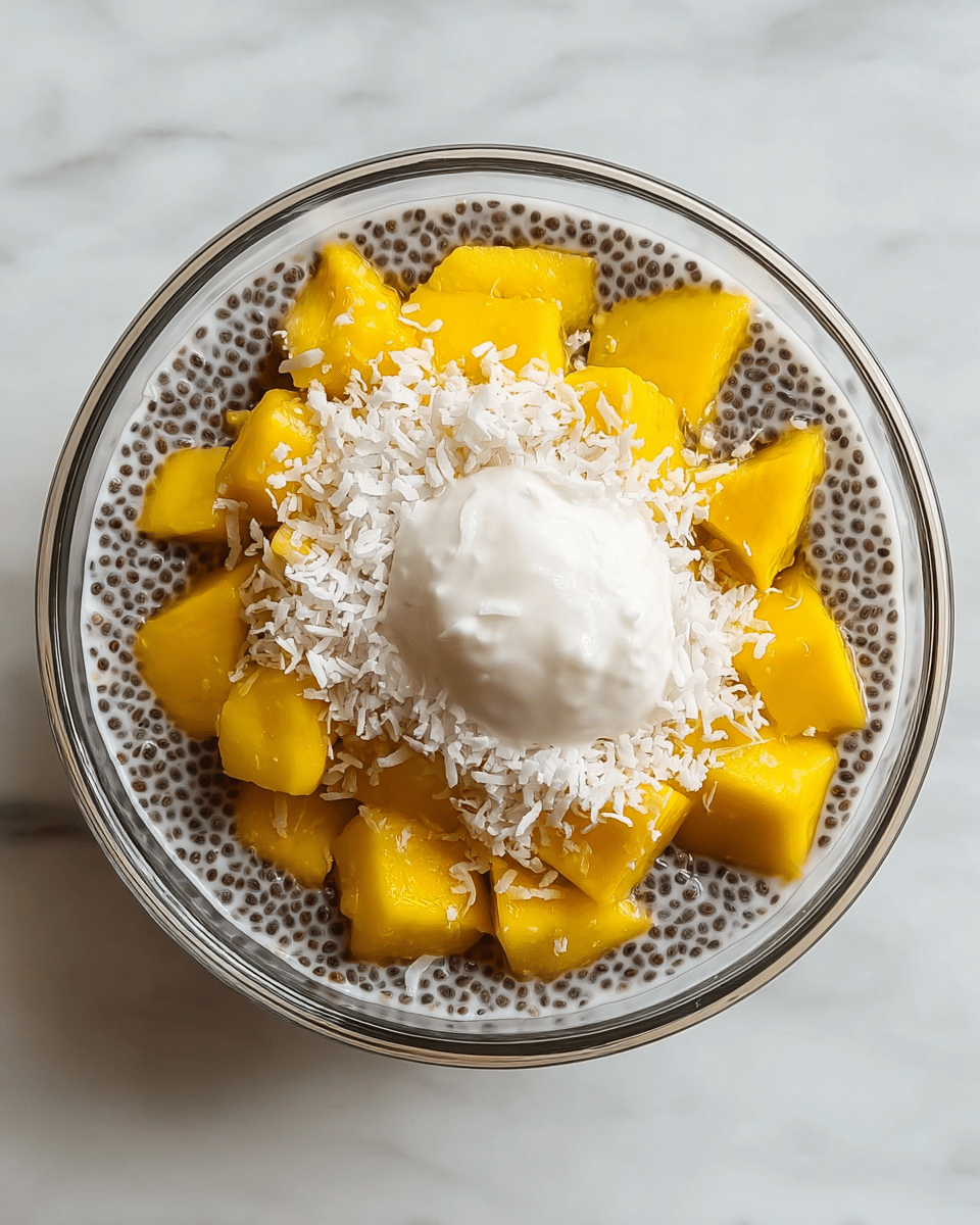 A clear glass bowl is filled with a base layer of small dark chia seeds soaked in a white creamy liquid, giving a speckled texture. On top of this layer, bright yellow mango chunks are evenly placed, forming a thick ring around the center. In the middle, there is a rounded dollop of white cream or yogurt, slightly textured. White shredded coconut is sprinkled over the cream and mango pieces, adding a fine, flaky texture that contrasts with the smooth and shiny surface of the mango. The bowl sits on a white marbled surface. photo taken with an iphone --ar 4:5 --v 7